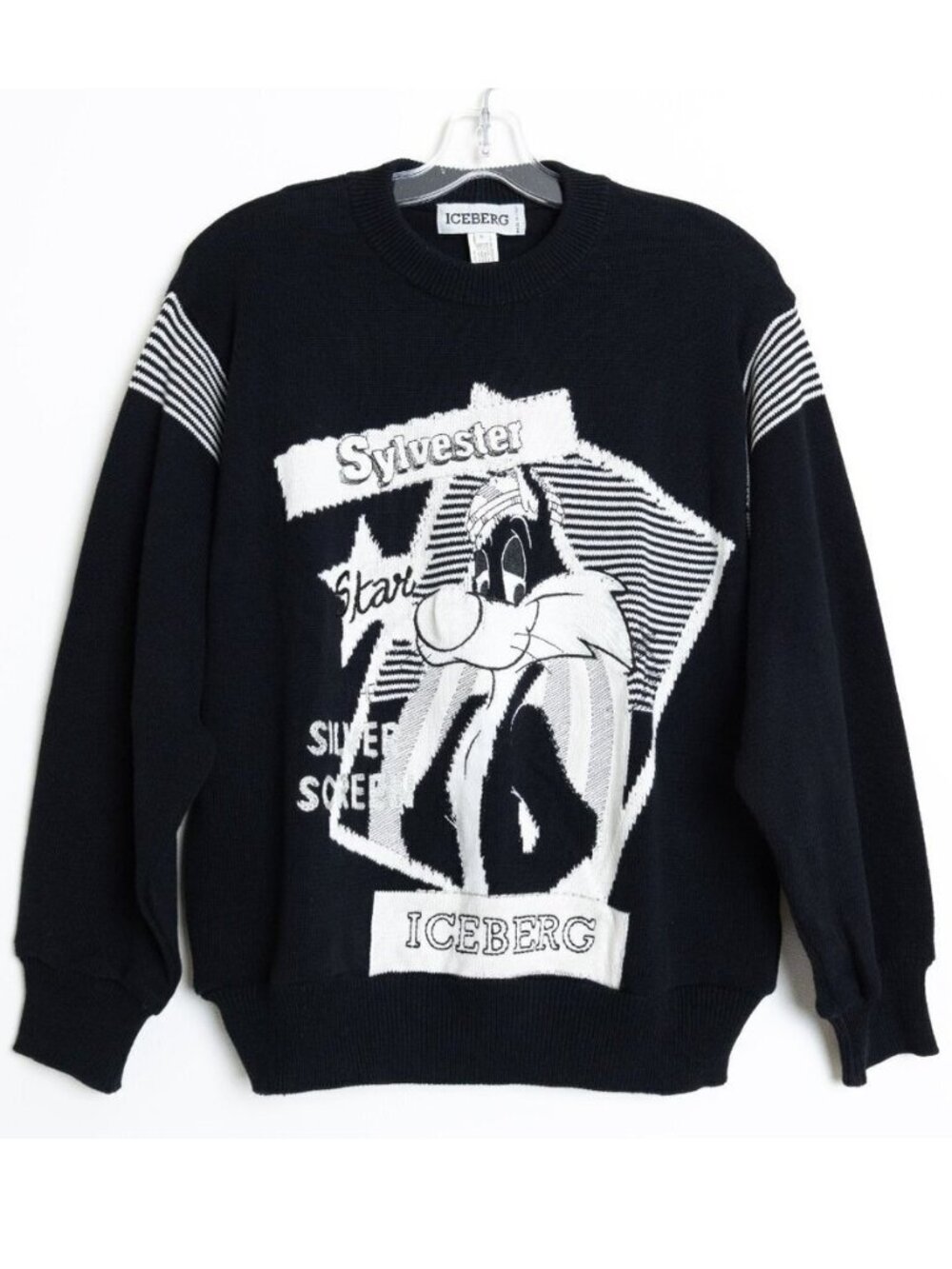 Vintage Iceberg Sylvester Looney Tunes Knit Sweater Black White Italy 1993 S